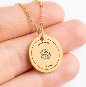 Collier en acier inoxydable avec pendentif religieux Sainte Rose de Lima gravé, délicat, plaqué or 18 carats, inaltérable - Product Image 2