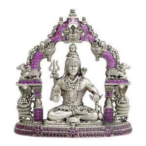 Arquitectónicamente Tallado Arcángel Shiva de Plata Pura en Pose Meditativa, Ídolo Religioso Púrpura Vibrante para Decoración de Templo y Hogar - Product Image 1