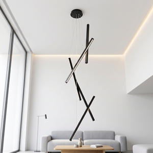 Lampada a Sospensione Geometrica Lineare in Legno Moderna, Lampadario LED Minimalista Scultoreo Personalizzabile per Soggiorno - Product Image 1