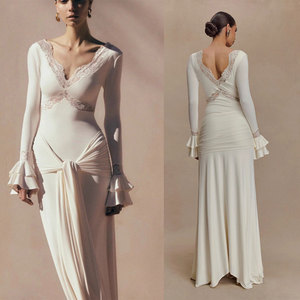 Vestidos de Mujer Personalizados, Vestido Blanco de Encaje para Mujer, Vestido Largo de Verano con Mangas Largas, Cuello en V, Ajustado, Espalda Descubierta, Vestido <span class=keywords><strong>Maxi</strong></span> para Fiesta - Product Image 2