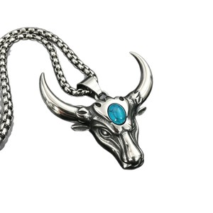 Bull Head Alloy Pendant Turquoise Inlay Men's Necklace Stainless Steel Fashion Sweater Chain Geometric Design Gift Jewelry - Product Image 5