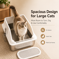 Bac à litière pour chat en acier inoxydable OEM, grand modèle 20L, à ouverture supérieure, écologique, antiadhésif, facile à nettoyer, avec tapis de protection à bords hauts pour chats d'intérieur
