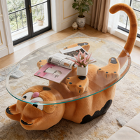 Table basse moderne en fibre de verre en forme de chat, design animalier créatif, plateau en verre, table d'appoint pour le thé, décoration de salon