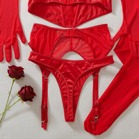 Luxe rode satijnen korset lingerie 5-delige set push-up bustier kousenband kousen lange handschoenen intieme erotische lingerie outfits