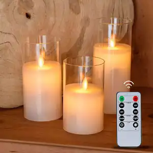 Velas LED 3D sin llama, tarro de cristal con luz gris ámbar, Juego de 3 velas de cera de parafina real, velas LED con control remoto, batería 2AA