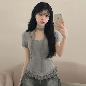 Camiseta de punto con ribete de encaje para mujer, cuello redondo, manga corta, diseño de bufanda, informal, para verano, a la moda - Product Image 1