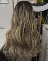 Perruque complète en cheveux humains, ombrée brun-blond, ondulée, sans colle, pré-épilée, avec ligne de cheveux naturelle, en cheveux vierges, respirante, pour femmes