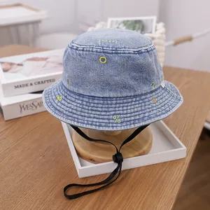 Summer baby cappello da pescatore coreano carino jeans blu ricamati denim cappelli da pescatore per bambini vintage con cinturino