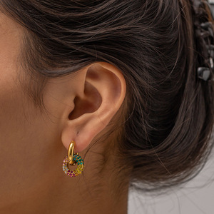 Pendientes de Diamantes para Mujer, Acero Inoxidable, Corte Brillante Redondo, Diseño Geométrico, Uso Diario, Piedras de Imitación Coloridas - Product Image 3