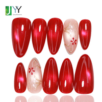 10 faux ongles en gel rouge effet œil de chat, faits main, épais, en acrylique, forme amande simple, à coller, vente en gros