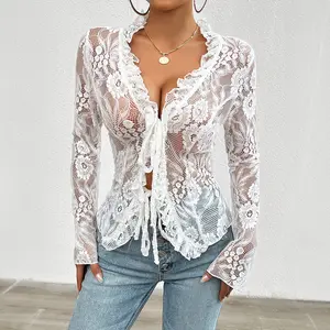 YFS-2024 Women's Sexy Slim Long Sleeve Lace Top Spring/Summer New Wooden Ear Edge Lace-Up Hollow Design Blouse