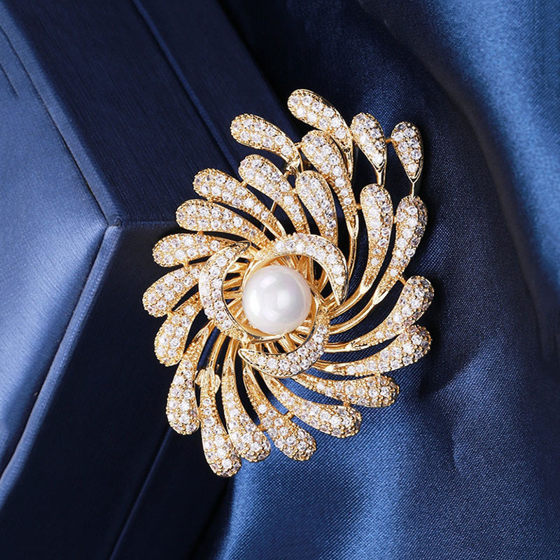 Spille A Girasole In Oro - Set Da 5 Pezzi Con Diamanti, Accessorio Di Lusso Per Abbigliamento, Sciarpe E Cappelli, Regalo Elegante Per Compleanni E Feste