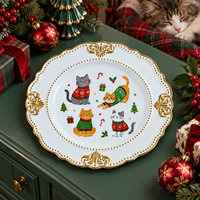 Assiette décorative élégante en plastique de 13 pouces, imprimée UV, chats de Noël avec bordure perlée dorée, pour la décoration de la maison et les tables de fête