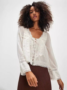 <span class=keywords><strong>Chemisier</strong></span> décontracté <span class=keywords><strong>et</strong></span> ample pour <span class=keywords><strong>femme</strong></span>, col en U avec dentelle, couleur unie, manches longues, léger, idéal pour le streetwear quotidien - Product Image 5