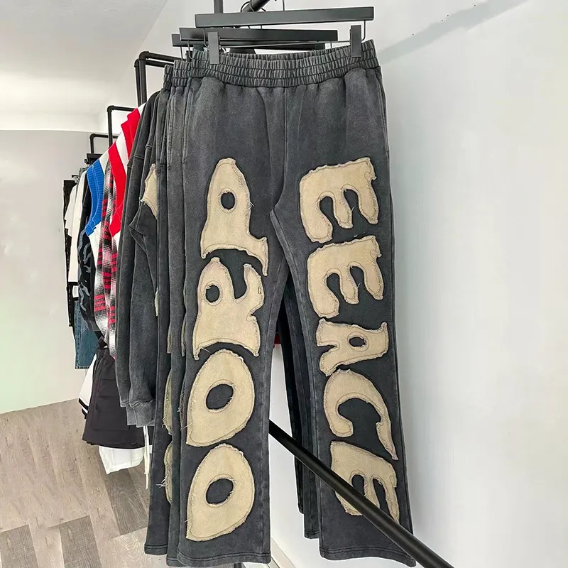 YSJY pantalon de survêtement évasé en coton épais personnalisé de haute qualité logo brodé patchwork pantalon de survêtement vintage lavé à l'acide pour hommes