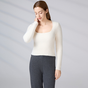 Suéter de punto afelpado con cuello cuadrado para mujer, mezcla de lana, manga larga acanalada, ajuste ceñido, top de punto para otoño/invierno al por mayor - Product Image 5