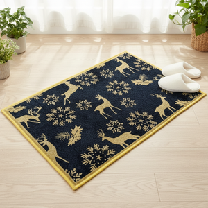 Tapis antidérapant en peluche bleu marine Longstar X Mas Decora avec imprimé renne doré et neige, parfait pour l'entrée, ornement de Noël - Product Image 1