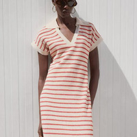 Nouvelle Robe Longue Tricotée Respirante pour Femme, Coupe Ample, Col Rabattu, Manches Courtes, Chic, Col en V, Rayée, Fourreau, Fendue Sexy