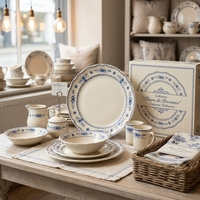 Service de vaisselle en céramique bleu et blanc à fleurs, style campagne française, avec décor vintage, assiettes en porcelaine pour mariages, banquets, hôtels et vente au détail