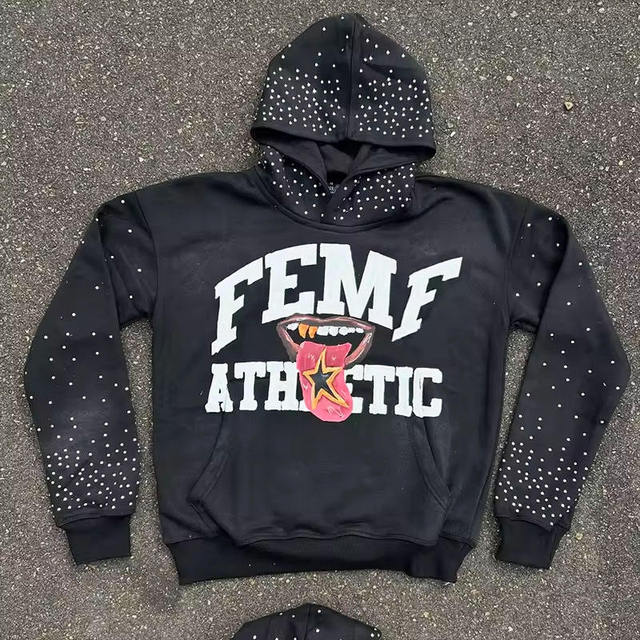 Custom Screen Printed Logo Acid Washed Hoodie Rhinestone Streetwear Pullover Hoodie Oversized 100% Cotton Casual Hooodie For Men