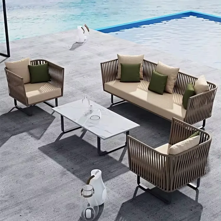 고리 버들 럭셔리 디자인 야외 파티오 나무 모듈 덮개를 씌운 소파 및 의자 세트 가구 레스토랑 안뜰 정원