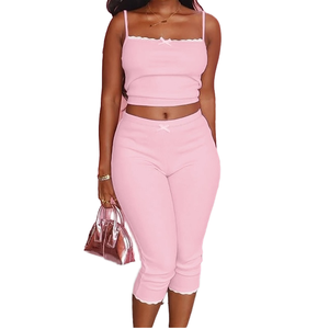 Conjunto de 2 Piezas para Mujer, Verano, Bordado, Top Corto de Encaje y Punto Acanalado, Pantalones Cortos por Encima de la Rodilla, Estilo Casual, Color Rosa - Product Image 4