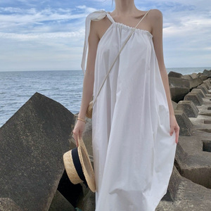 One-Shoulder Beach <b>Dress</b> For Women <b>Elastic</b> Waist Solid Color Long Slip <b>Dress</b> Summer Vacation Cover Up Blue And White - Product Image 2