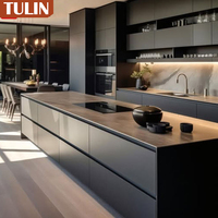Lemari Dapur Modern dengan Pulau, Perabot Dapur dengan LED, Abu-abu Tua, Warna Kayu Hitam