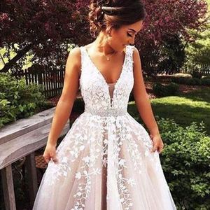 Wedding Dress Floor Length Sleeveless V Neck Ball Gown Tulle Embroidery Ivory White Bridal Dress - Product Image 2