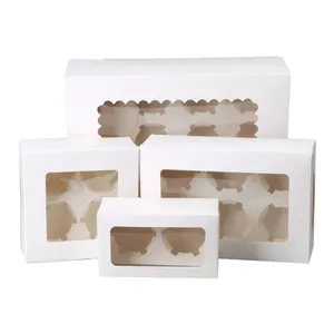 Kaliteli özel baskılı Logo beyaz lüks mermer 2 4 6 delikli Cupcake kutuları fildişi rengi kağıt düğün hediye kek ambalaj kutusu