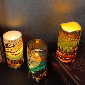Halloween LED Candle Set of 3 Bat Black cat Evil Pumpkin Flameless Pillars with Remote Control Flicker Function Factory Custom - Product Image 3