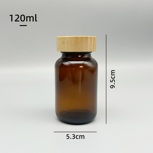 Flacone in Vetro Ambrato a Bocca Larga per Confezionamento di Compresse Vitaminiche, 60 75 100 120 150 <span class=keywords><strong>200</strong></span> 250 300 400 500ml, con Coperchio in Bambù - Product Image 1