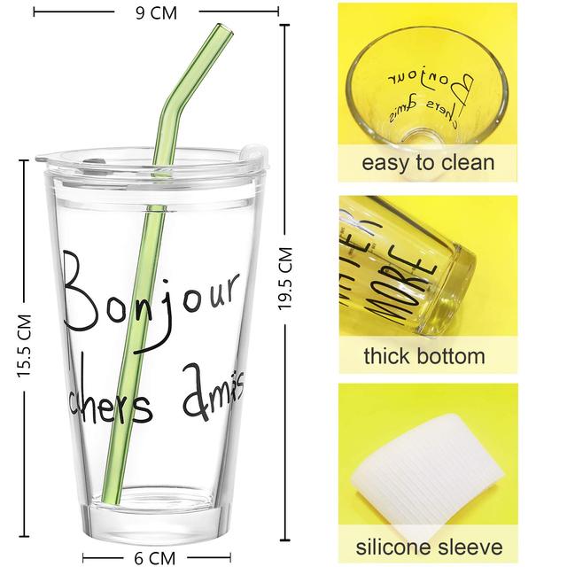 Custom BPA Free 15oz Glass Tumbler Cute Iced Coffee Cups Aesthetic Water Matcha Cup Drinking Glasses Tumbler with Straw Lid