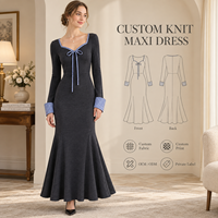 Robe longue décontractée sirène pour femme, tricotée, à col cœur, manches longues, avec nœud et bordure contrastante à carreaux vichy, marque privée