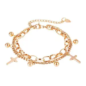 multi layered link chain bracelet women stainless steel cross pendant ball charms religious crafts religious christian products