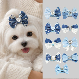 Fournitures pour animaux de compagnie, chiots de petite taille, animaux mignons, photos de style urbain, dessin animé, adorable, denim, nœud, pinces BB, accessoires, cheveux - Product Image 1