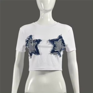 <strong>Women's</strong> Summer Crop Tops American Short Sleeve Crewneck Star Patch Short <strong>T</strong>-<strong>shirt</strong> Casual Basic Slim Tees - Product Image 6
