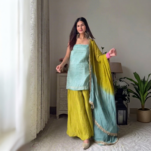 Women's Embroidered Suit Set Spaghetti Strap Top Palazzo <b>Pants</b> Dupatta <b>Sequin</b> Thread Work Party Wear - Product Image 2