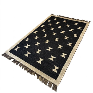 Tapis artisanal en laine et jute |   Tapis géométrique tribal bohème noir pour salon, chambre, couloir, décoration de sol de maison de style farmhouse - Product Image 3