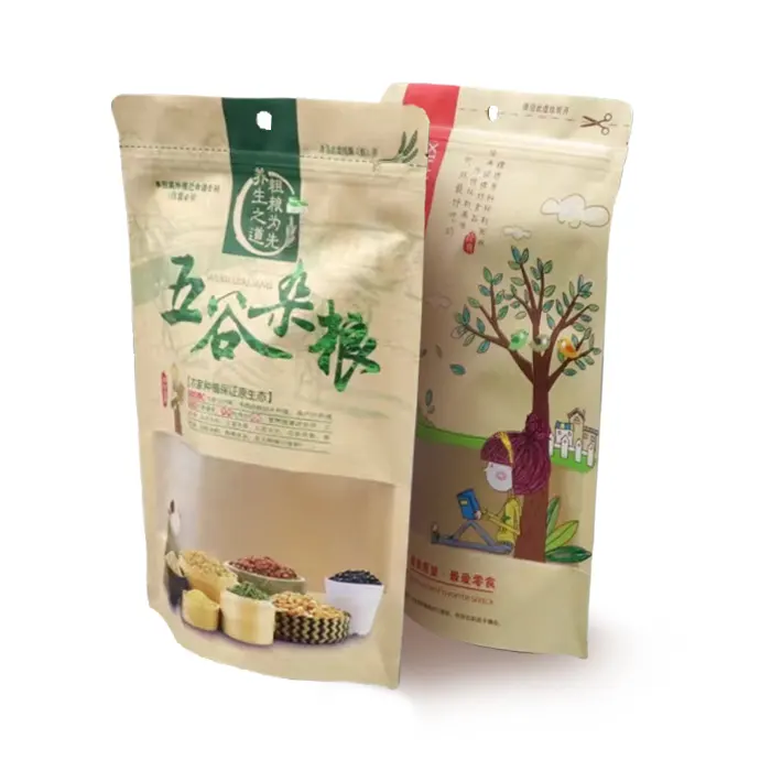 Factory Biodegradable Food Packaging Bag Bolsas Papel Kraft Package Stand Up Pouch Zip Lock With Window