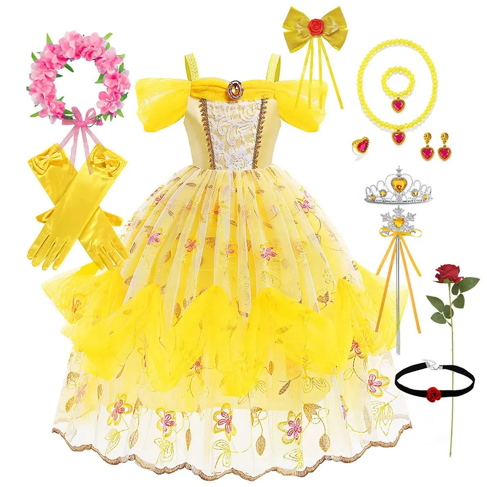 Belle Kerstfeest Kids Baljurk Cosplay Meisjes Geel Deluxe Dress Up Elsa Prinses Belle Fancy Dress Halloween Kostuums