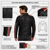 Chaqueta de cuero para hombre estilo Café Racer de piel de cabra, venta al por mayor OEM, con grabado en relieve profundo personalizado y gráfico de letras sólidas en toda la espalda.