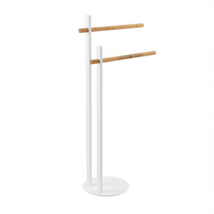 Porte-serviettes sur pied avec bras en bambou et base en métal blanc, rangement moderne pour salle de bain - Product Image 3