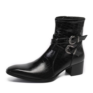 High-top cowhide <b>boots</b> with an English style retro men's shoes with square toe hand-carved patterns zipper black leather shoes - Product Image 1