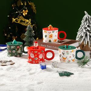 Tazas de <span class=keywords><strong>café</strong></span> de porcelana de lujo para Navidad, tazas de cerámica promocional con estampado de dibujos animados de Papá Noel con tapa de árbol de Navidad - Product Image 3