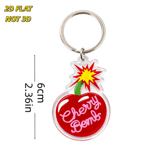 Porte-clés en acrylique mignon, design 'Cherry Bomb' effet explosion de bande dessinée, cerise rouge avec écriture rose et éclat jaune, breloque transparente pour clés et sacs - Product Image 2
