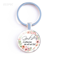 Porte-clés double face en verre cabochon avec verset biblique « Dieu est en elle, elle ne tombera pas »