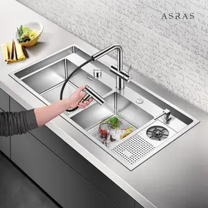 AsrasSUS304手作りキッチンシンクカップリンサーガラスウォッシャーティークリーナースプリンクラーブラッシュドドレナータップメーカー10050MD