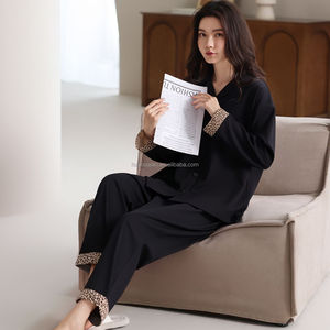 Nuovo <span class=keywords><strong>Pigiama</strong></span> con Stampa Leopardata sul Bordo, <span class=keywords><strong>Nero</strong></span>, Semplice e Comodo, in Puro <span class=keywords><strong>Cotone</strong></span>, Abbigliamento da Notte Casual per Donne - Product Image 2