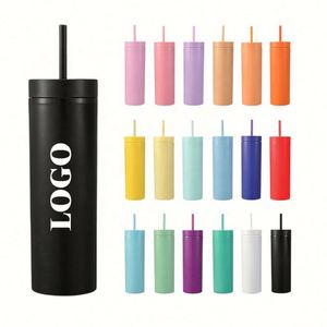 Venta al por mayor de fábrica: Vaso térmico delgado y recto de 16 oz, colores mate, doble pared con tapa de rosca y pajita para camping y fiestas. - Product Image 1